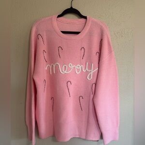 Merry Candy Cane Puffy Knit Crew Neck Sweatshirt